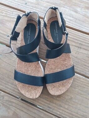 Adrienne Vittadini Black Cork Footbed Strappy Sandals with Ankle Buckle